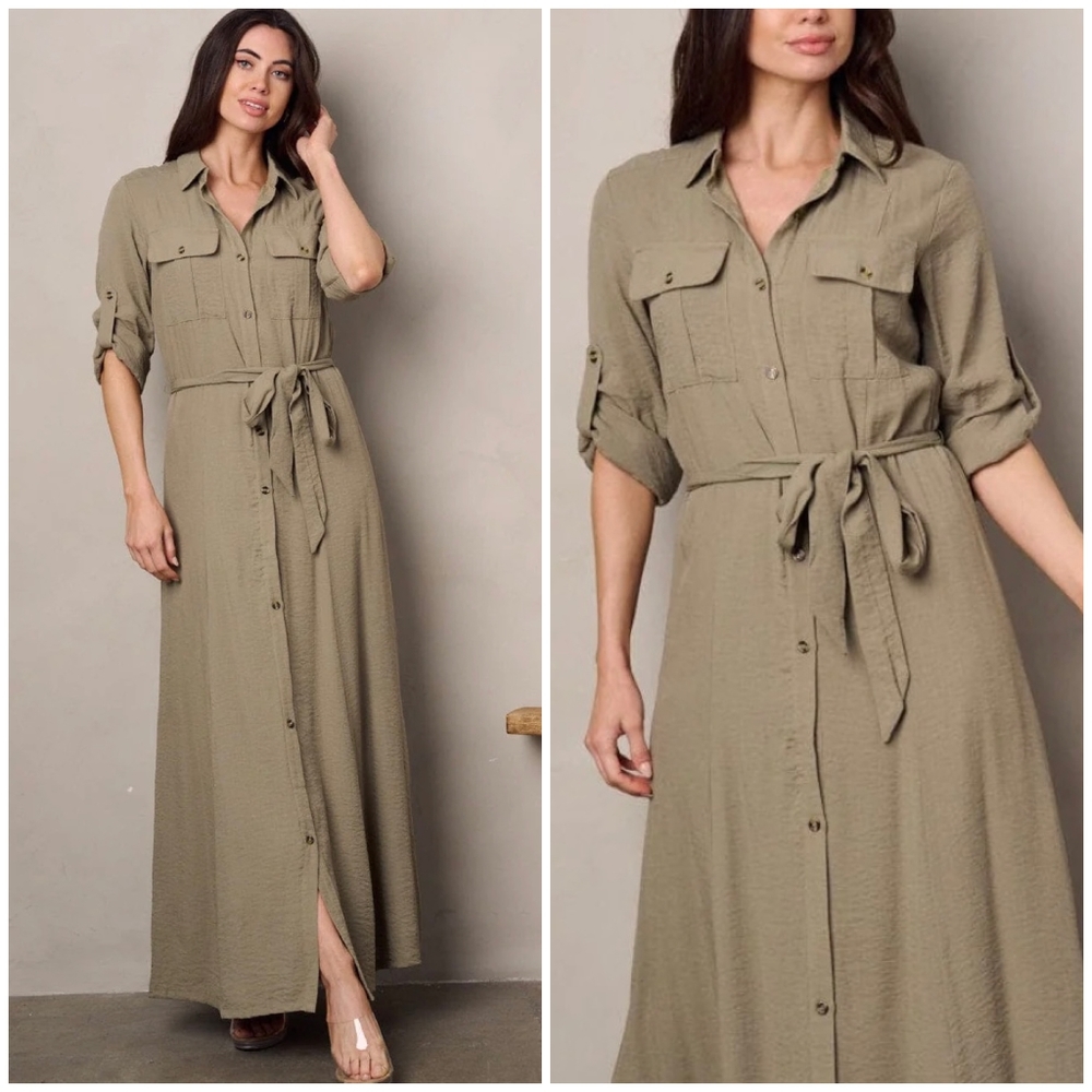 Sugarlips Olive Utility Maxi Shirt Dress